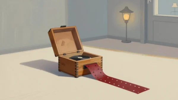 Gouache painting of a wooden music box with a long vermilion perforated paper strip curling down to the floor