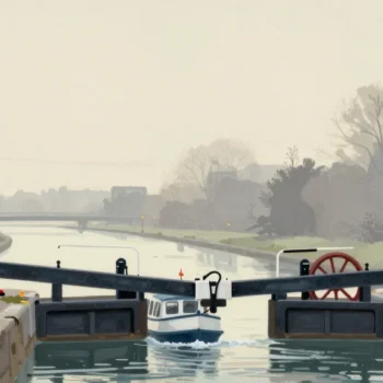 Gouache painting of a canal lock with a small boat entering between the gates and a vermilion wheel on the far gate
