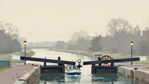 Gouache painting of a canal lock with a small boat entering between the gates and a vermilion wheel on the far gate