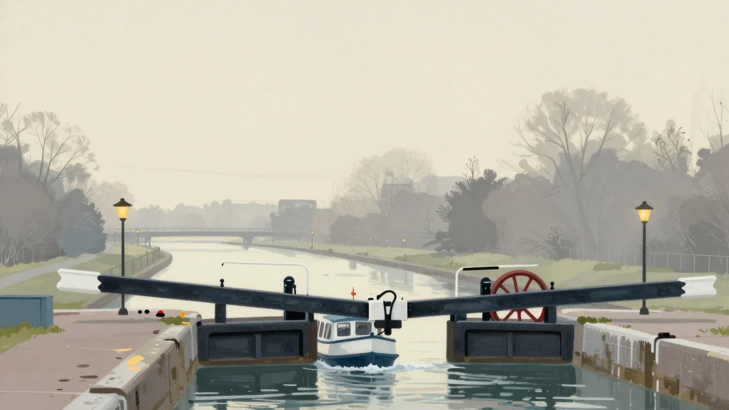 Gouache painting of a canal lock with a small boat entering between the gates and a vermilion wheel on the far gate