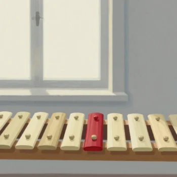 Gouache painting of a wooden xylophone with cream bars and one vermilion bar in the middle