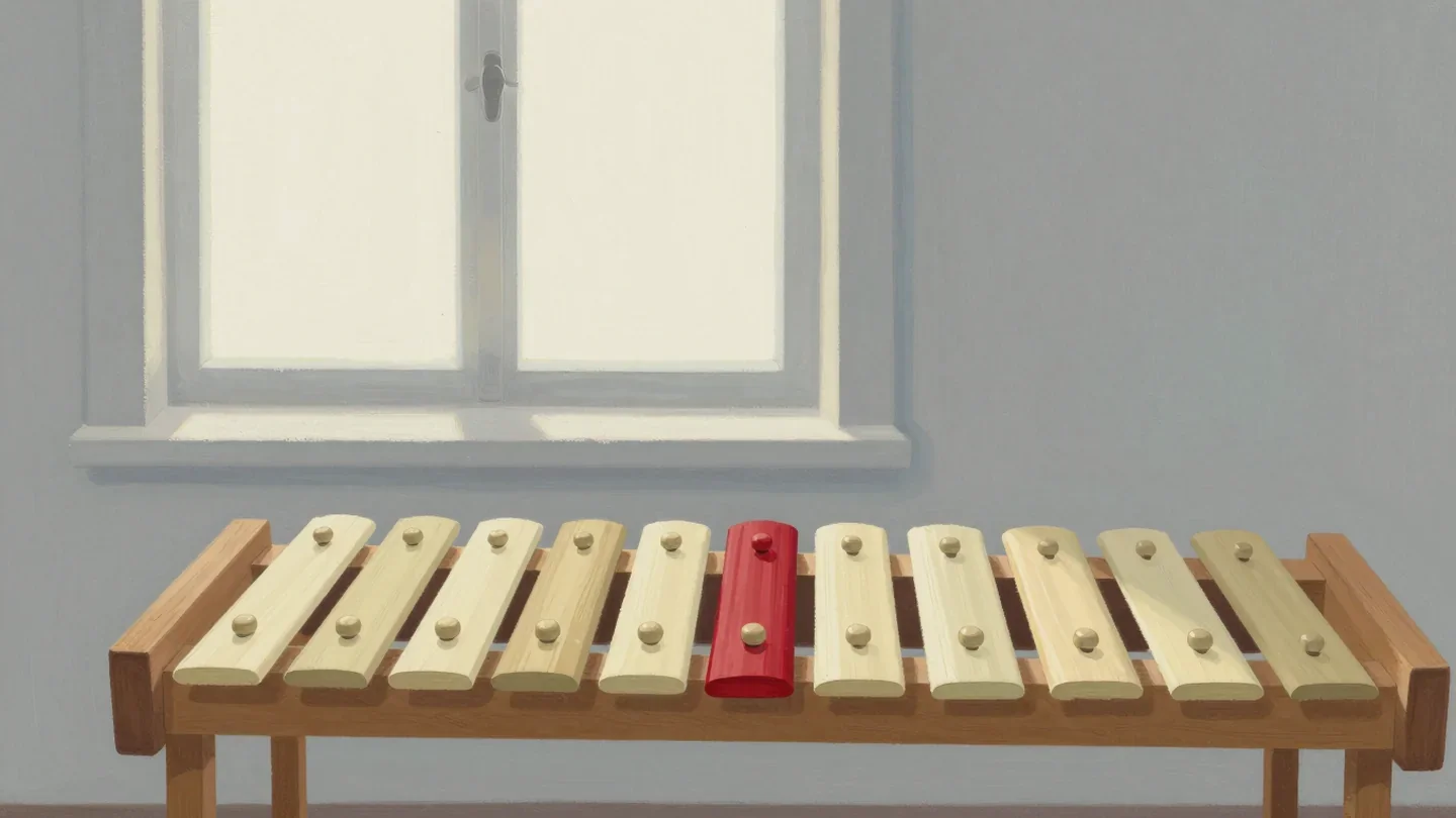 Gouache painting of a wooden xylophone with cream bars and one vermilion bar in the middle