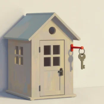 Gouache painting of a small wooden dollhouse with a closed door and a ring of keys hanging from a vermilion hook