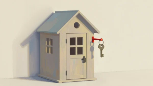 Gouache painting of a small wooden dollhouse with a closed door and a ring of keys hanging from a vermilion hook