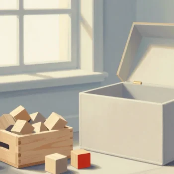 Gouache painting of a small overflowing toy box beside a much larger open red toy box