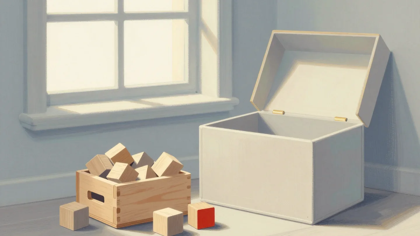Gouache painting of a small overflowing toy box beside a much larger open red toy box
