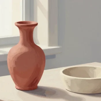 Gouache painting of a finished vermilion vase beside the empty plaster mold of its shape