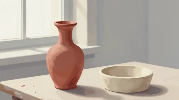 Gouache painting of a finished vermilion vase beside the empty plaster mold of its shape