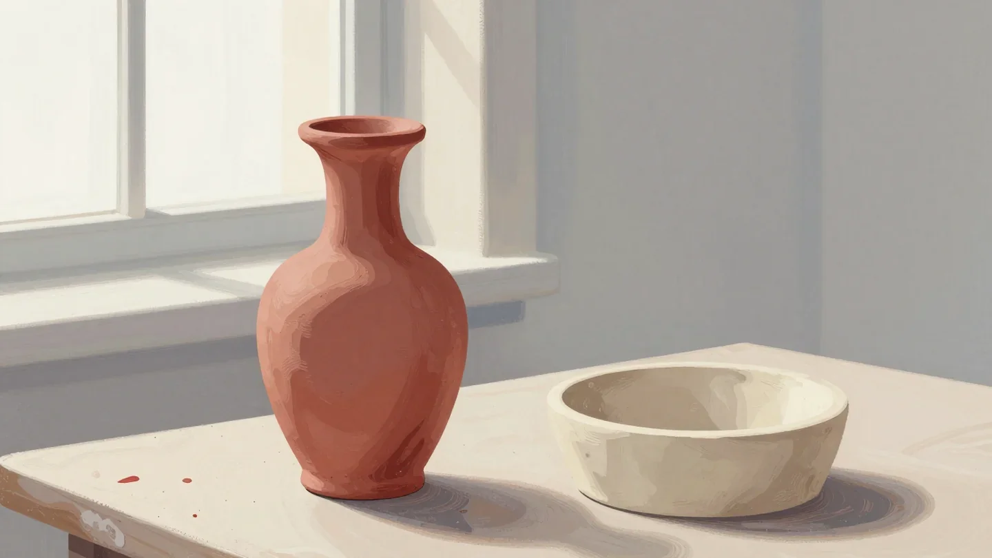 Gouache painting of a finished vermilion vase beside the empty plaster mold of its shape