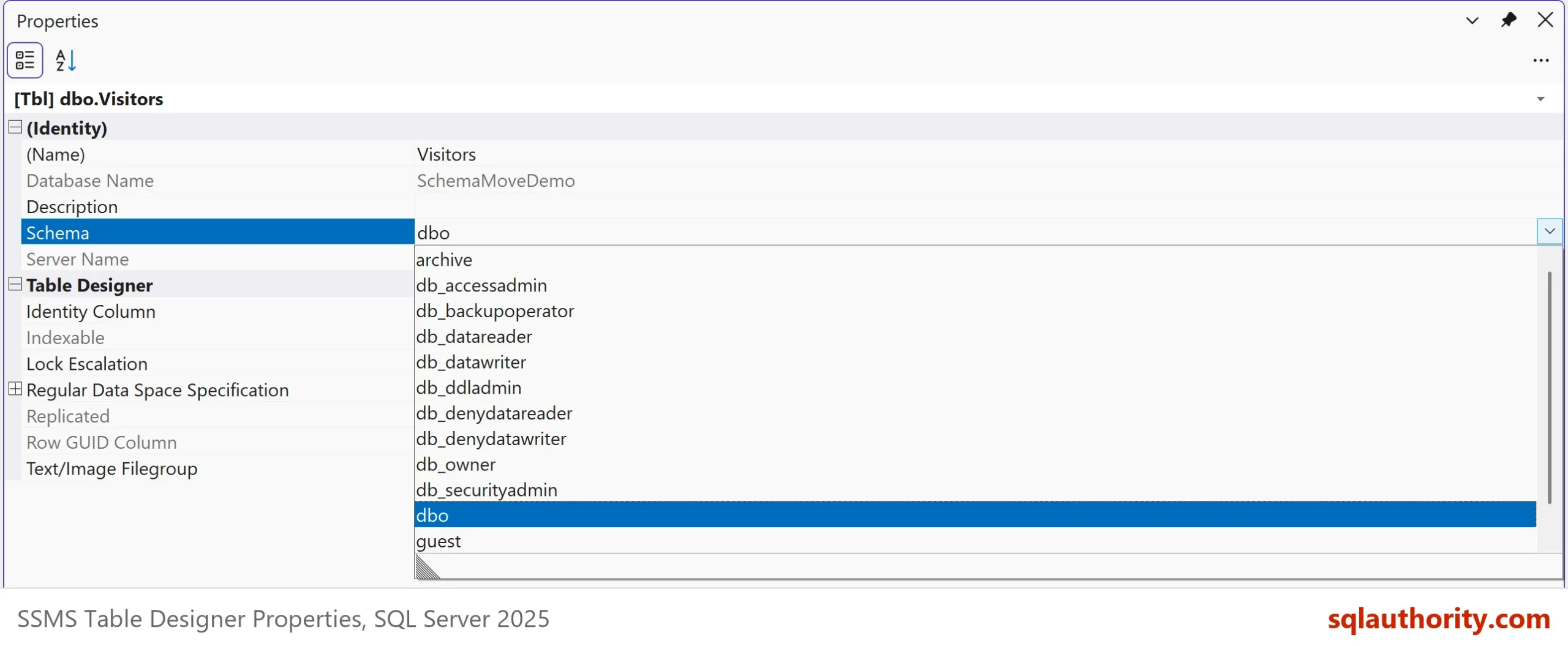 SSMS Table Designer Properties window for dbo.Visitors with the Schema box open as a list showing archive, db_accessadmin, db_backupoperator, db_datareader, db_datawriter, db_ddladmin, db_owner, db_securityadmin, dbo and guest.