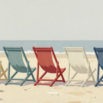 Gouache painting of a row of deck chairs alternating cream and slate blue with one vermilion chair
