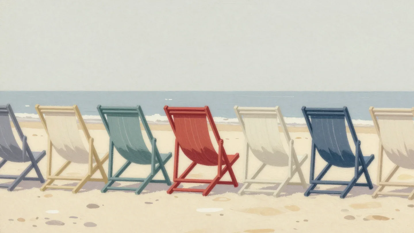 Gouache painting of a row of deck chairs alternating cream and slate blue with one vermilion chair