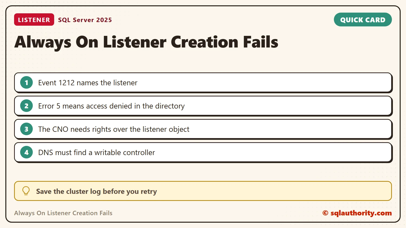 Quick reference card: Always On Listener Creation Fails: Attempt to Locate a Writable Domain Controller Failed