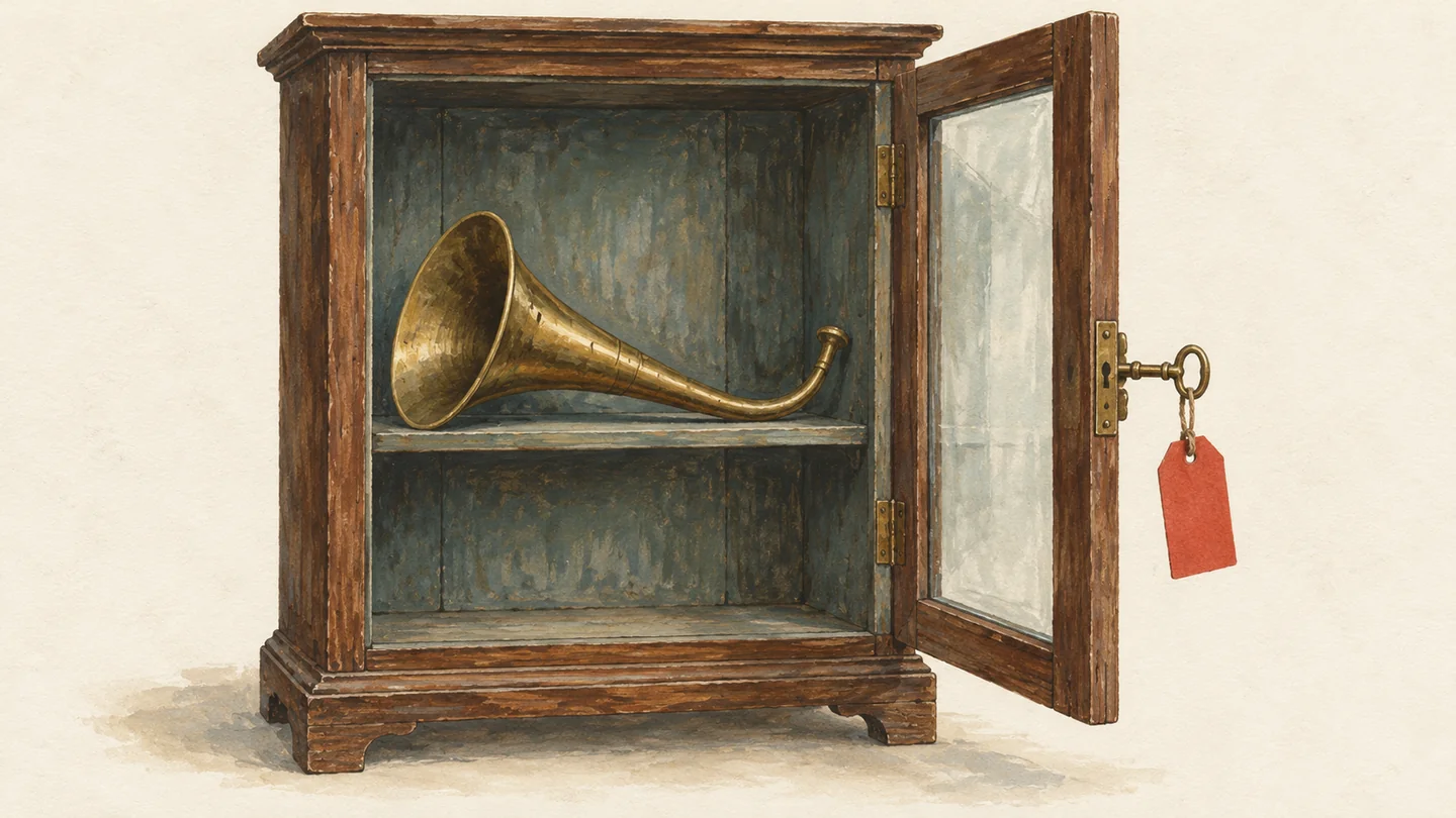 Gouache painting of the same wooden cabinet standing open with a small brass key in its lock, a vermilion tag on the key, and the brass ear trumpet on the shelf