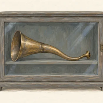 Gouache painting of an antique brass ear trumpet on a shelf inside a closed glass-front wooden cabinet, held shut by one small vermilion padlock