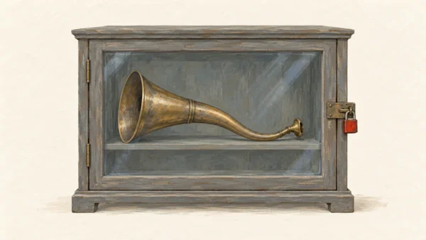 Gouache painting of an antique brass ear trumpet on a shelf inside a closed glass-front wooden cabinet, held shut by one small vermilion padlock