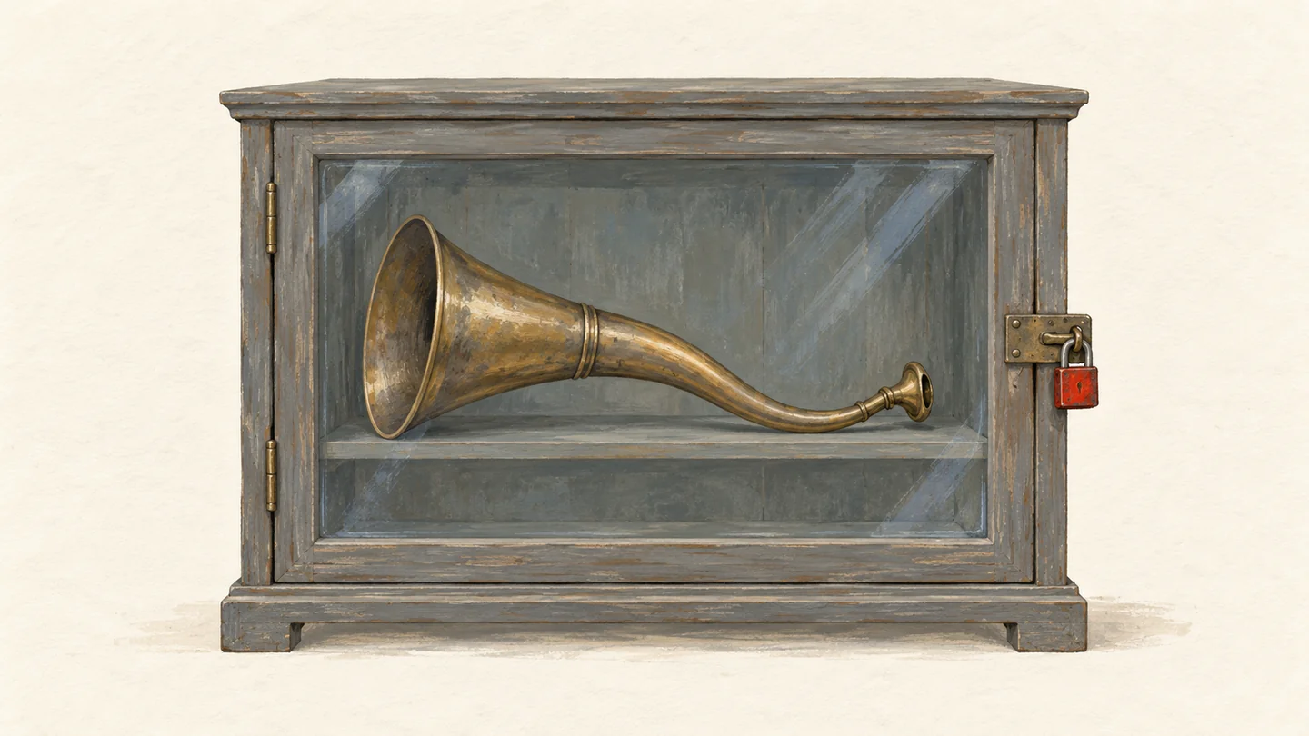Gouache painting of an antique brass ear trumpet on a shelf inside a closed glass-front wooden cabinet, held shut by one small vermilion padlock
