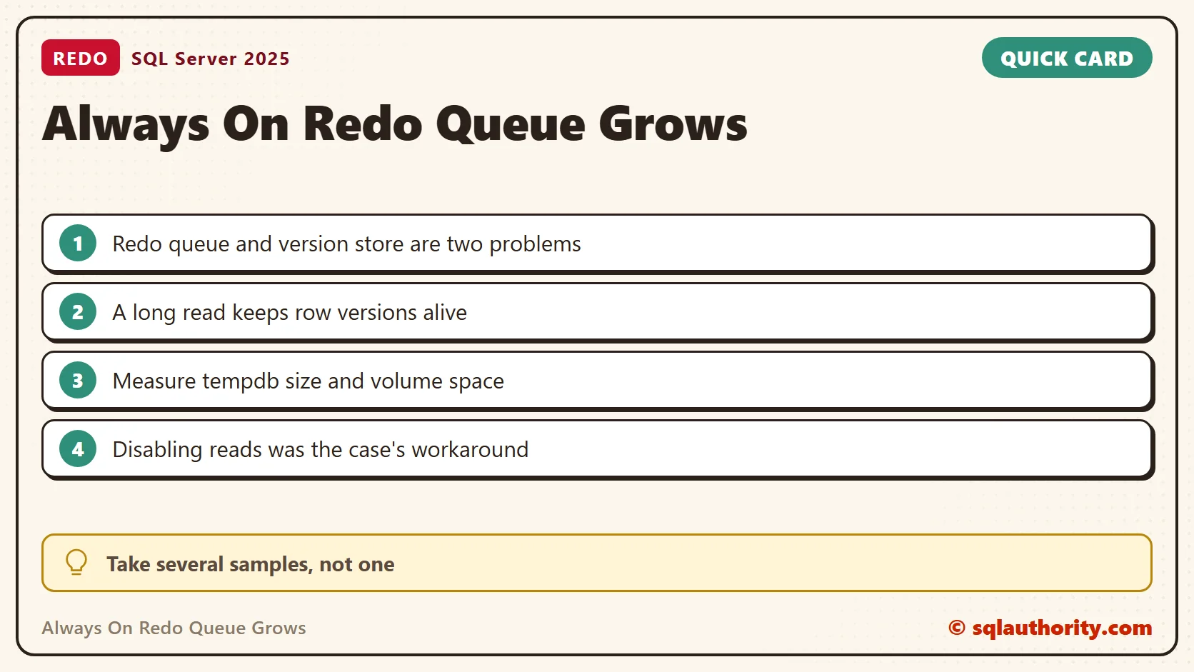 Quick reference card: Always On Redo Queue Grows: Version Store Is Full on the Secondary Replica