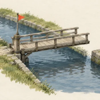 Gouache painting of a small wooden swing bridge stuck half open over a narrow canal, a vermilion flag on its post