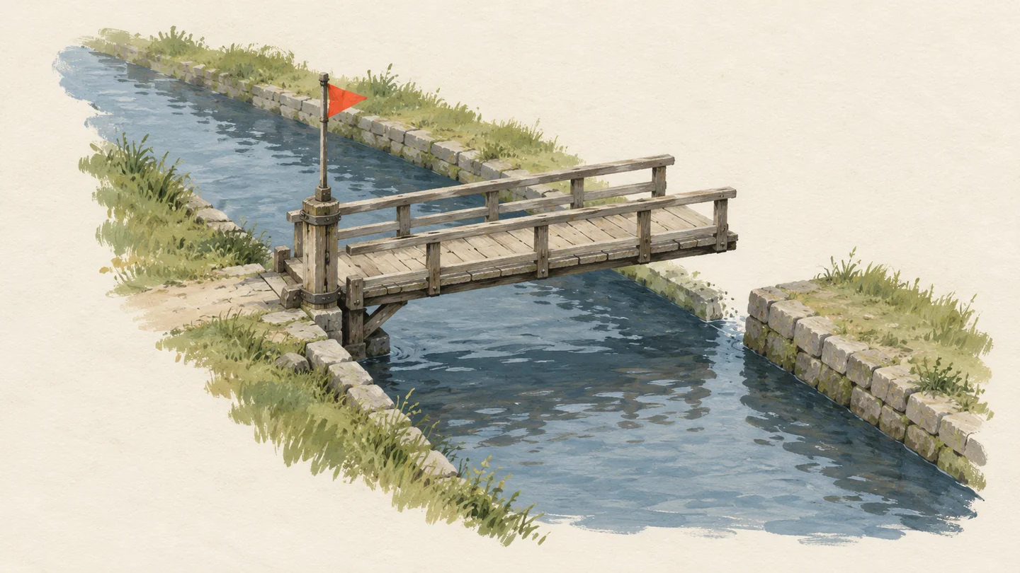 Gouache painting of a small wooden swing bridge stuck half open over a narrow canal, a vermilion flag on its post