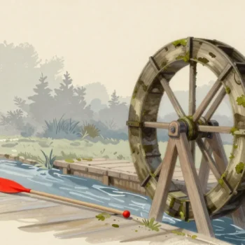 Gouache painting of an old mossy watermill wheel on a stream with a fresh red paddle waiting on the bank