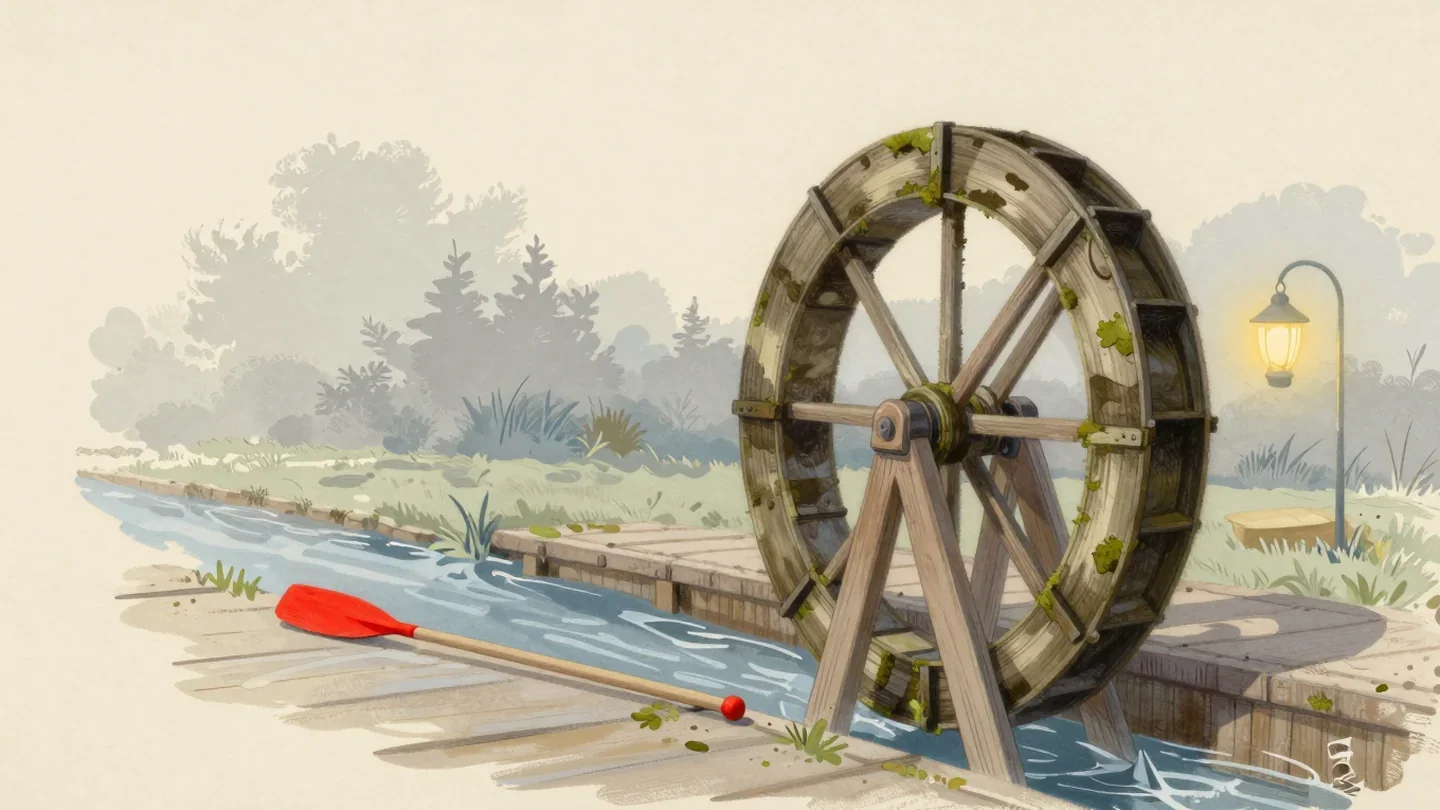 Gouache painting of an old mossy watermill wheel on a stream with a fresh red paddle waiting on the bank