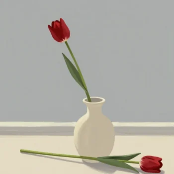 Gouache painting of a long tulip with a vermilion bloom in a short cream vase, with a second bloom lying beside it