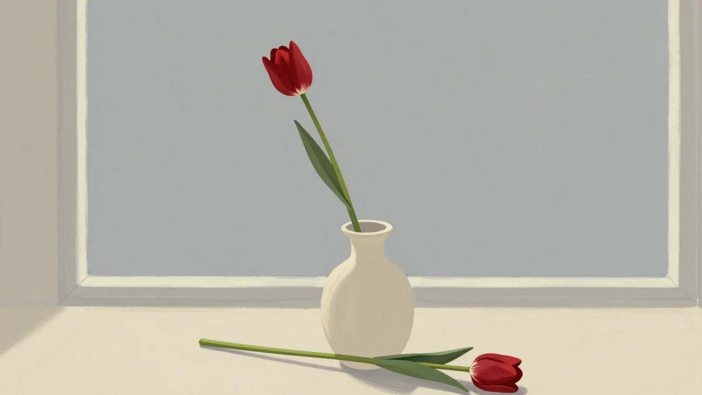 Gouache painting of a long tulip with a vermilion bloom in a short cream vase, with a second bloom lying beside it