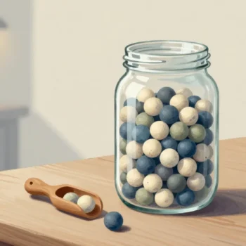 Gouache painting of a glass jar full of cream, slate blue and sage marbles on a wooden table, with a small wooden scoop and one loose marble in front