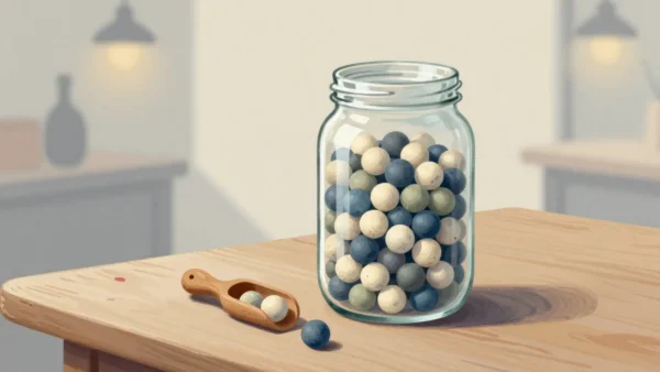Gouache painting of a glass jar full of cream, slate blue and sage marbles on a wooden table, with a small wooden scoop and one loose marble in front