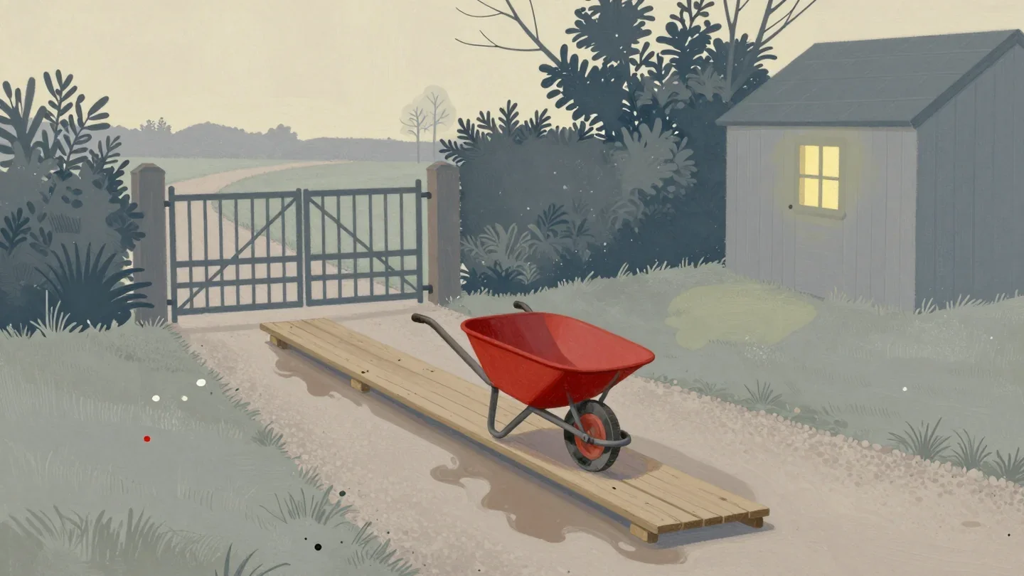 Gouache painting of a sagging plank shortcut over mud with a vermilion wheelbarrow stuck on it beside a longer dry gravel path