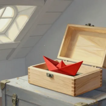 Gouache painting of an open wooden puzzle box with a small vermilion paper boat inside.