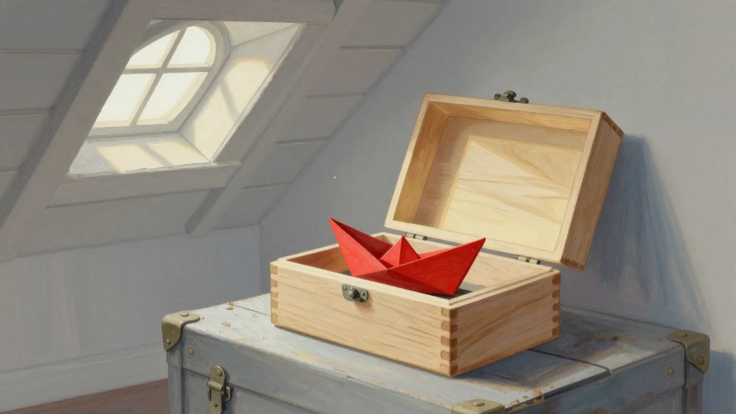Gouache painting of an open wooden puzzle box with a small vermilion paper boat inside.