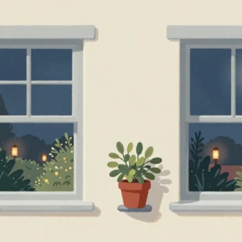 Gouache painting of two identical windows showing the same garden at night, with a small potted plant between them