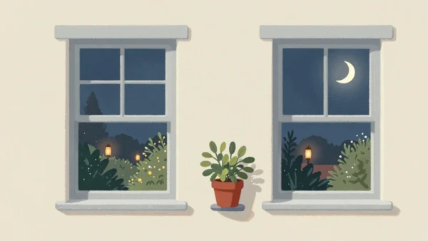 Gouache painting of two identical windows showing the same garden at night, with a small potted plant between them