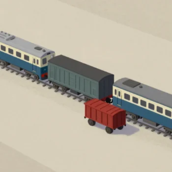 Gouache painting of two small trains on parallel tracks with one uncoupled red wagon waiting between them