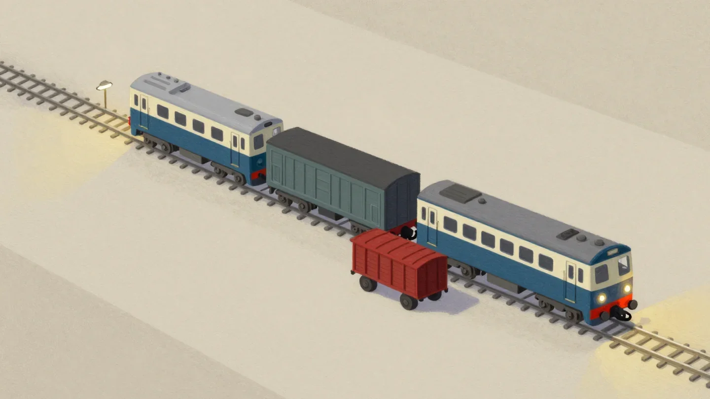 Gouache painting of two small trains on parallel tracks with one uncoupled red wagon waiting between them