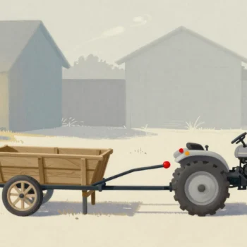 Gouache painting of a light wooden cart attached to a small tractor by a vermilion coupling pin