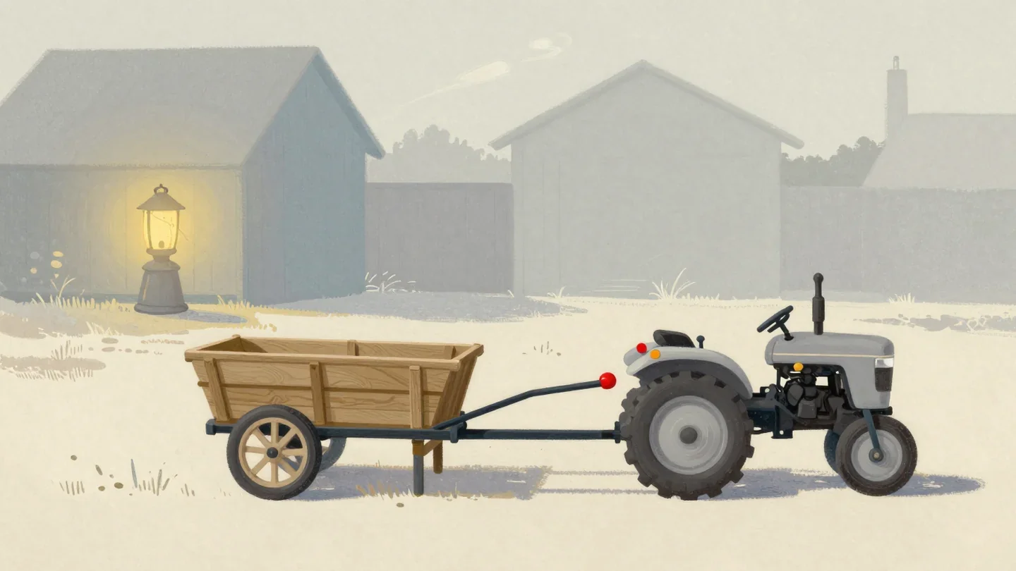 Gouache painting of a light wooden cart attached to a small tractor by a vermilion coupling pin