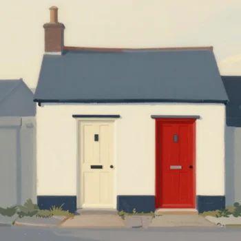 Gouache painting of a cottage with two front doors, one cream and one vermilion, and a path leading to the vermilion one