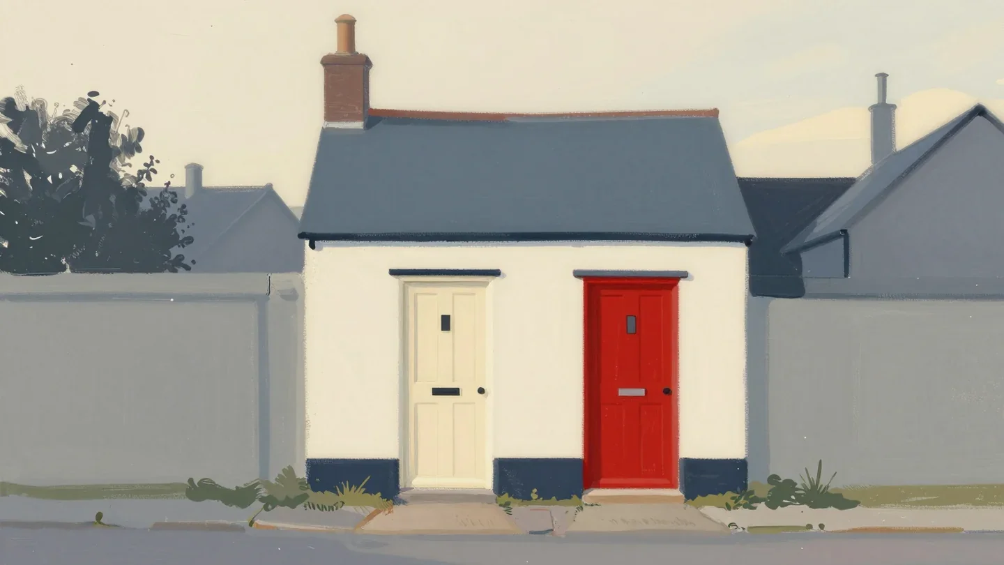 Gouache painting of a cottage with two front doors, one cream and one vermilion, and a path leading to the vermilion one