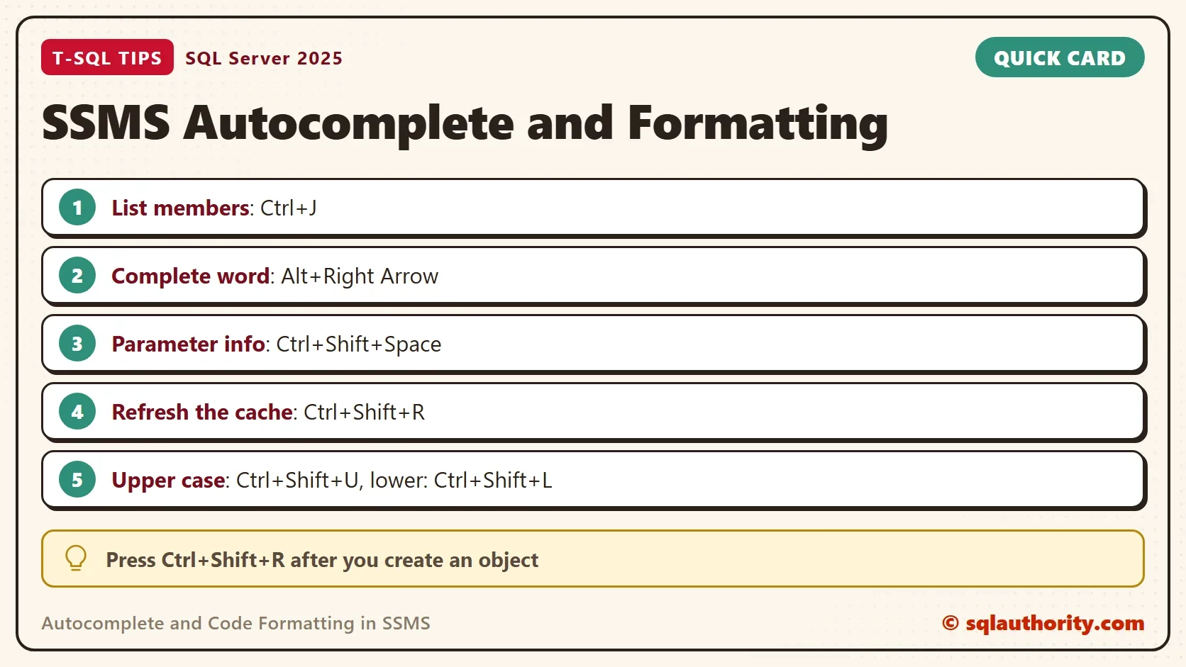 Quick card titled SSMS Autocomplete and Formatting: List members: Ctrl+J; Complete word: Alt+Right Arrow; Parameter info: Ctrl+Shift+Space; Refresh the cache: Ctrl+Shift+R; Upper case: Ctrl+Shift+U, lower: Ctrl+Shift+L. Tip: Press Ctrl+Shift+R after you create an object