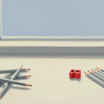 Gouache painting of a jumbled heap of pencils beside a neat row with a red pencil sharpener between them