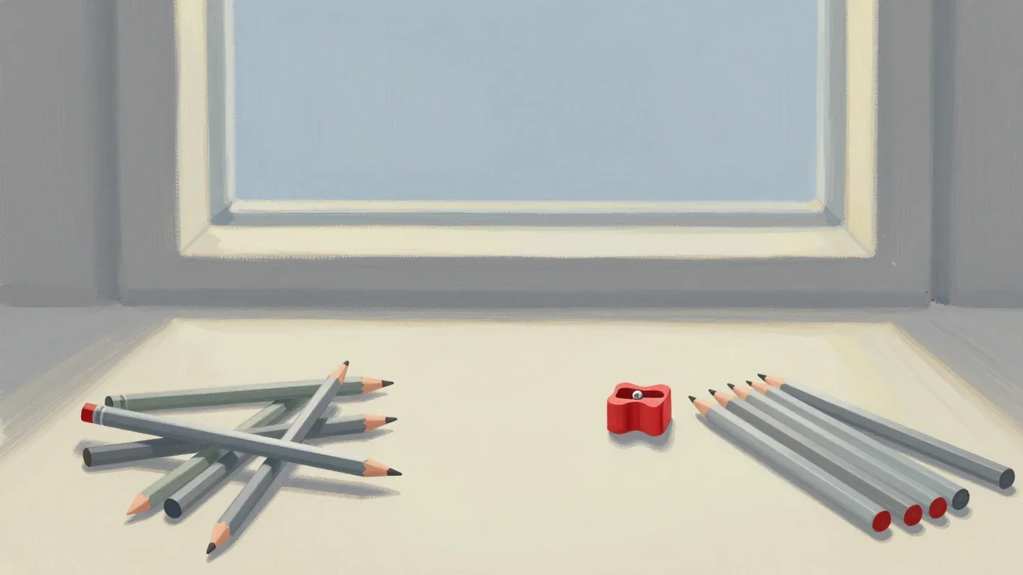 Gouache painting of a jumbled heap of pencils beside a neat row with a red pencil sharpener between them