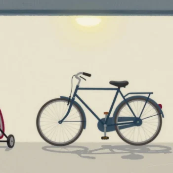 Gouache painting of a bicycle without training wheels and a small vermilion wheel on the garage floor