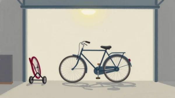 Gouache painting of a bicycle without training wheels and a small vermilion wheel on the garage floor