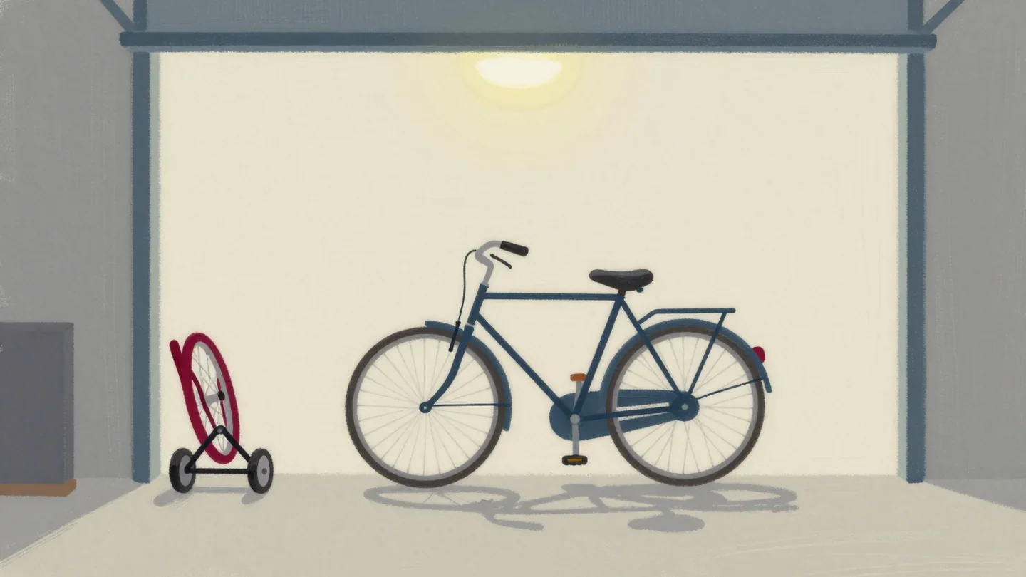 Gouache painting of a bicycle without training wheels and a small vermilion wheel on the garage floor