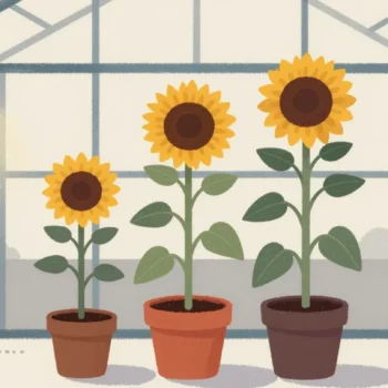 Gouache painting of three sunflowers of growing height in pots, the tallest in a vermilion pot