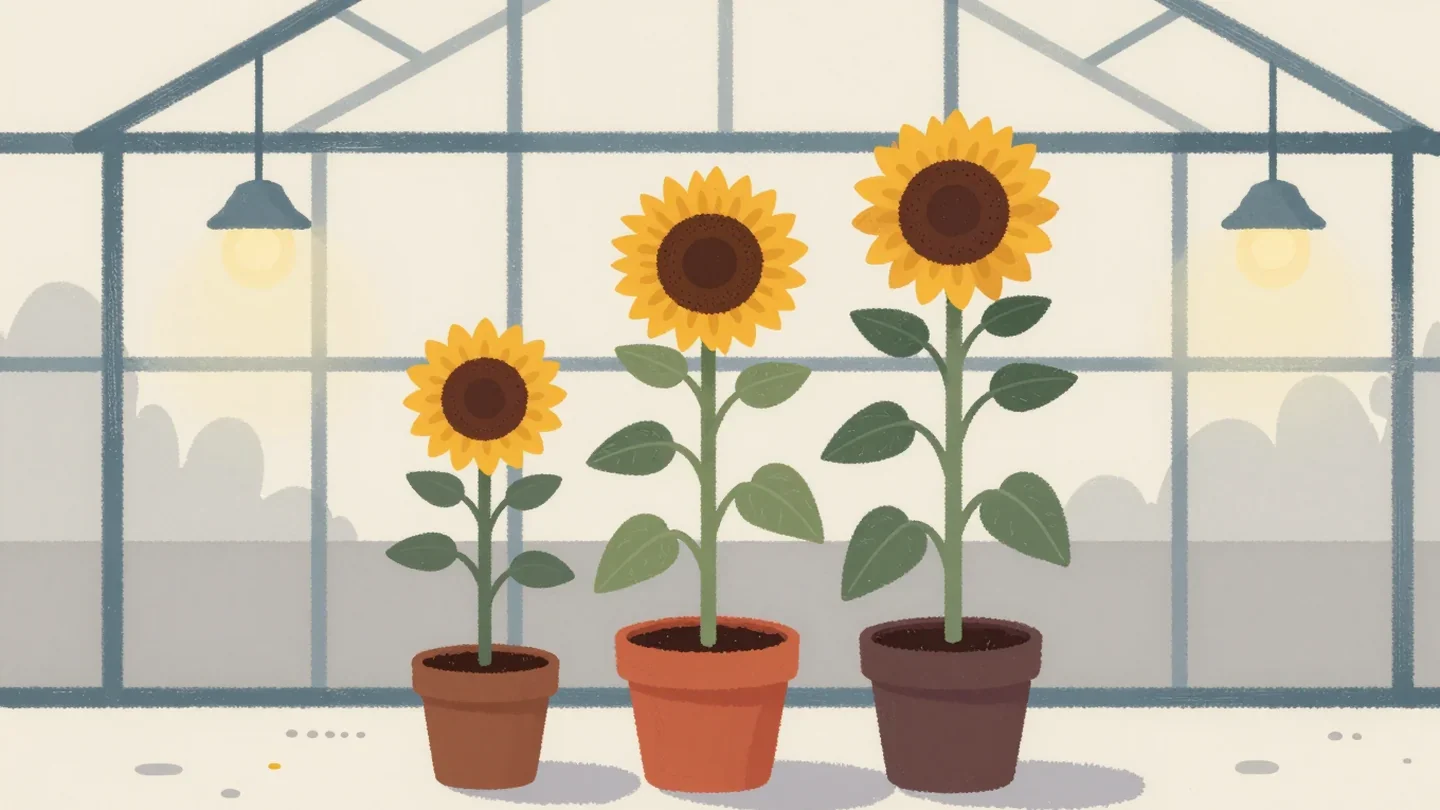 Gouache painting of three sunflowers of growing height in pots, the tallest in a vermilion pot