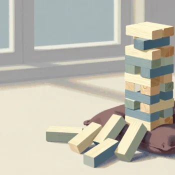 Gouache painting of a toppled tower of wooden blocks caught by a thick red cushion on a toy shop floor